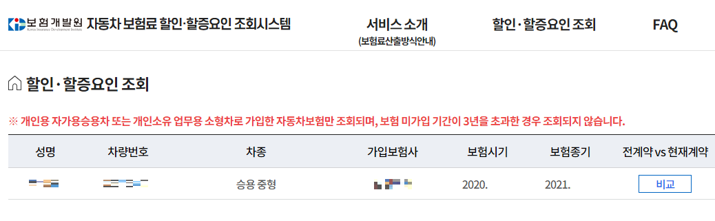 자동차 보험료 할인 및 할증요인 조회